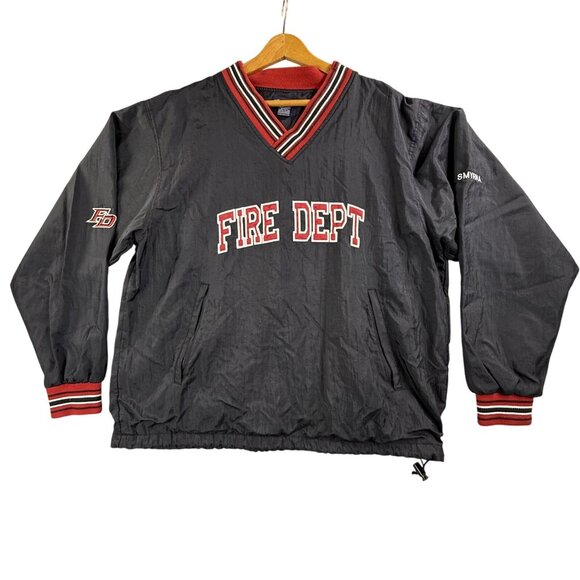 Fire Dept Pullover Jacket Mens Medium Black V Neck Windbreaker Lined Embroidered - Picture 1 of 16